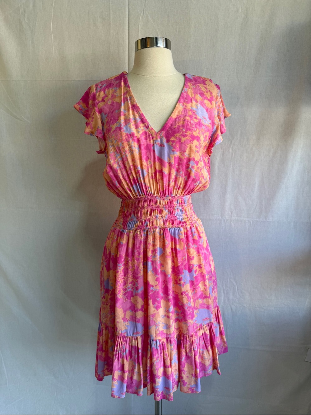 Rails Pink Multi-Color V-Neck Smocked Waist Mini Dress